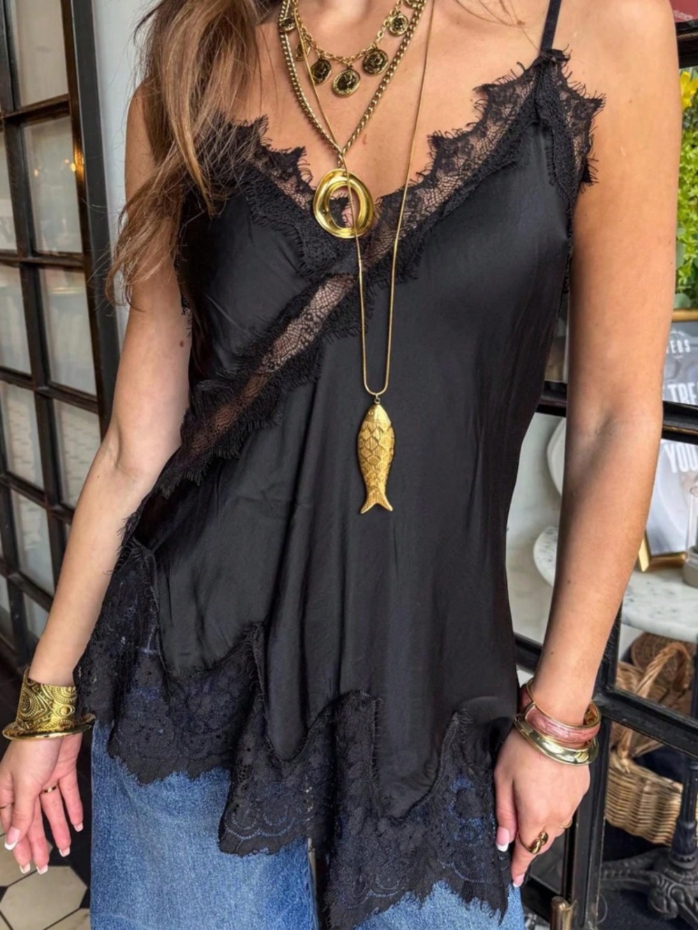 Boho Solid Satin Eyelash Lace Cami Uneven Hem Tank top